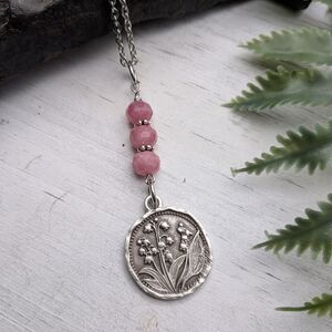 Pink Beaded Lily of the Valley Flower Pendant Necklace